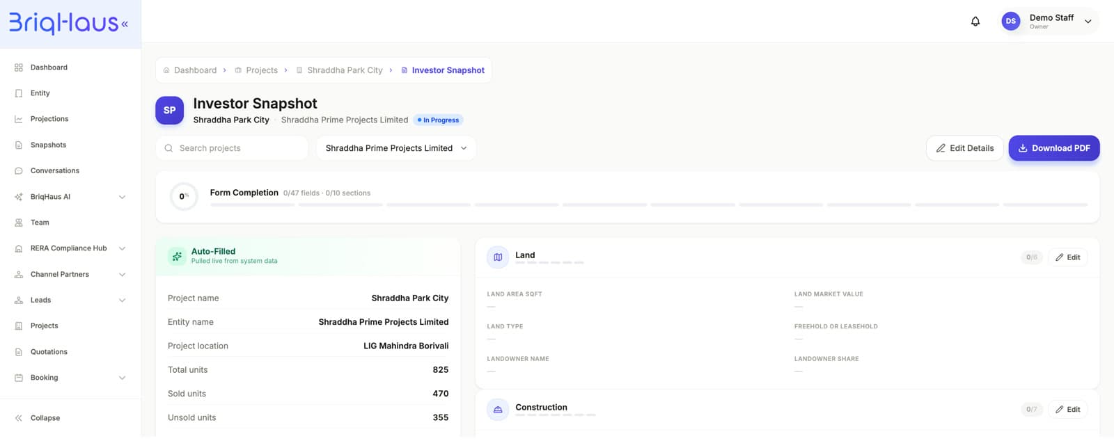 Banker Snapshot. The left panel is filled from the CRM automatically; the sections beside it are the due-diligence facts the system cannot know and has to ask for