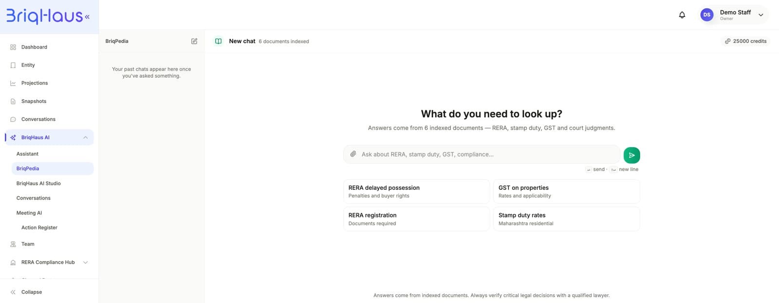 Briqpedia answers out of an indexed corpus rather than a model's memory, and says how many documents it is answering from