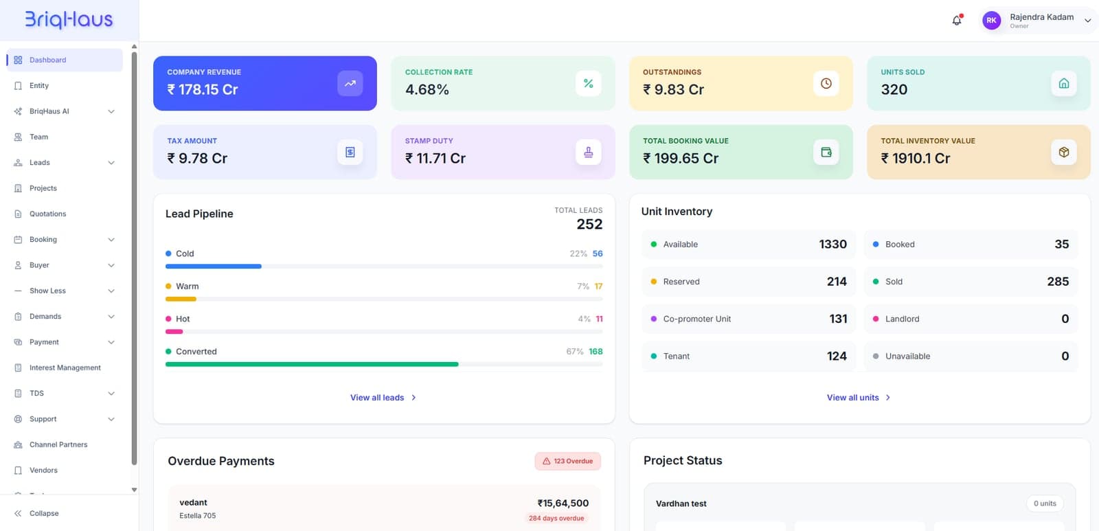 The default screen carries the load: revenue, collections, pipeline, unit inventory and what is overdue, without a second click