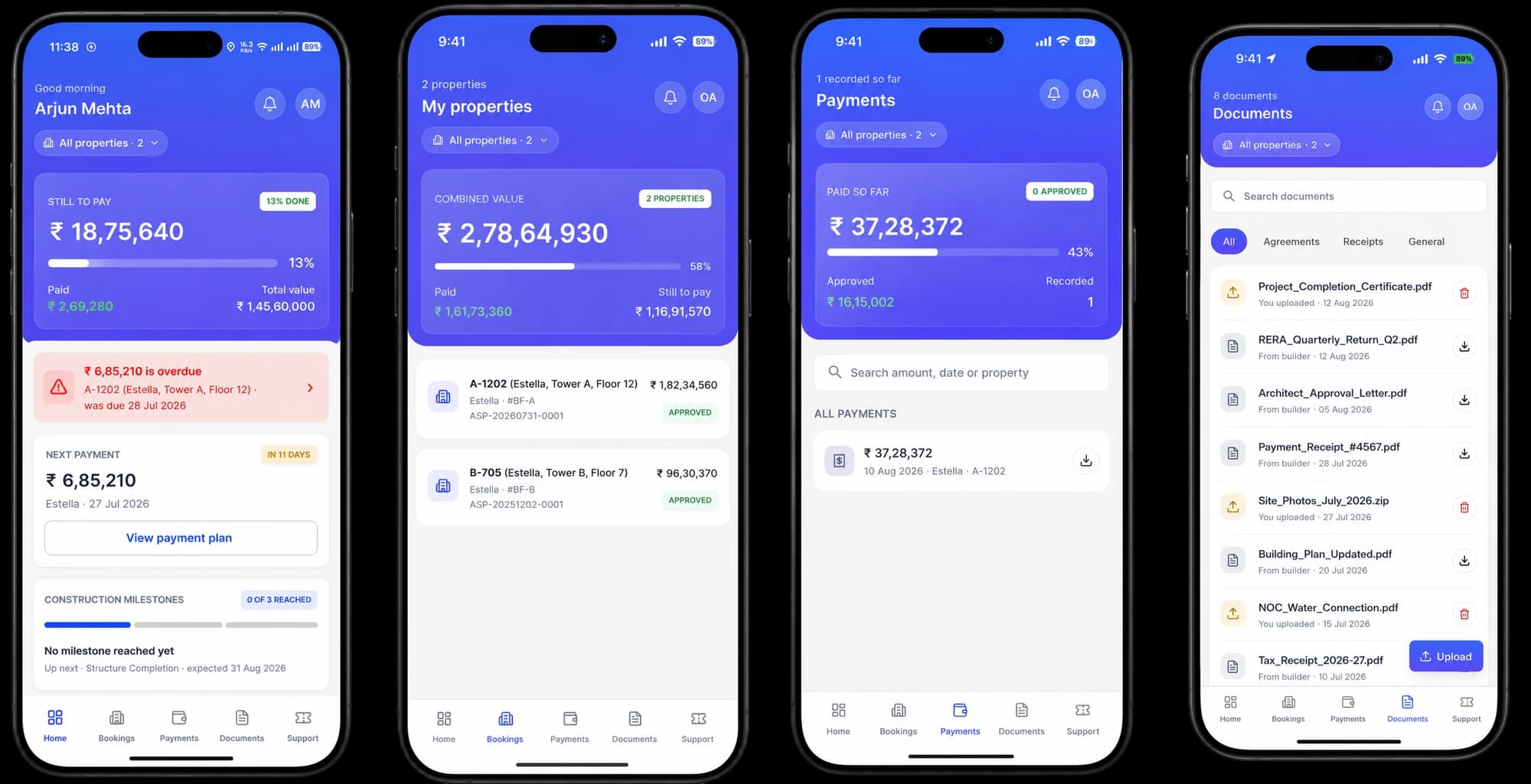 Home, bookings, payments, documents. The overdue amount and the next payment sit at the top of the first screen, because those are the two questions that were generating the phone calls
