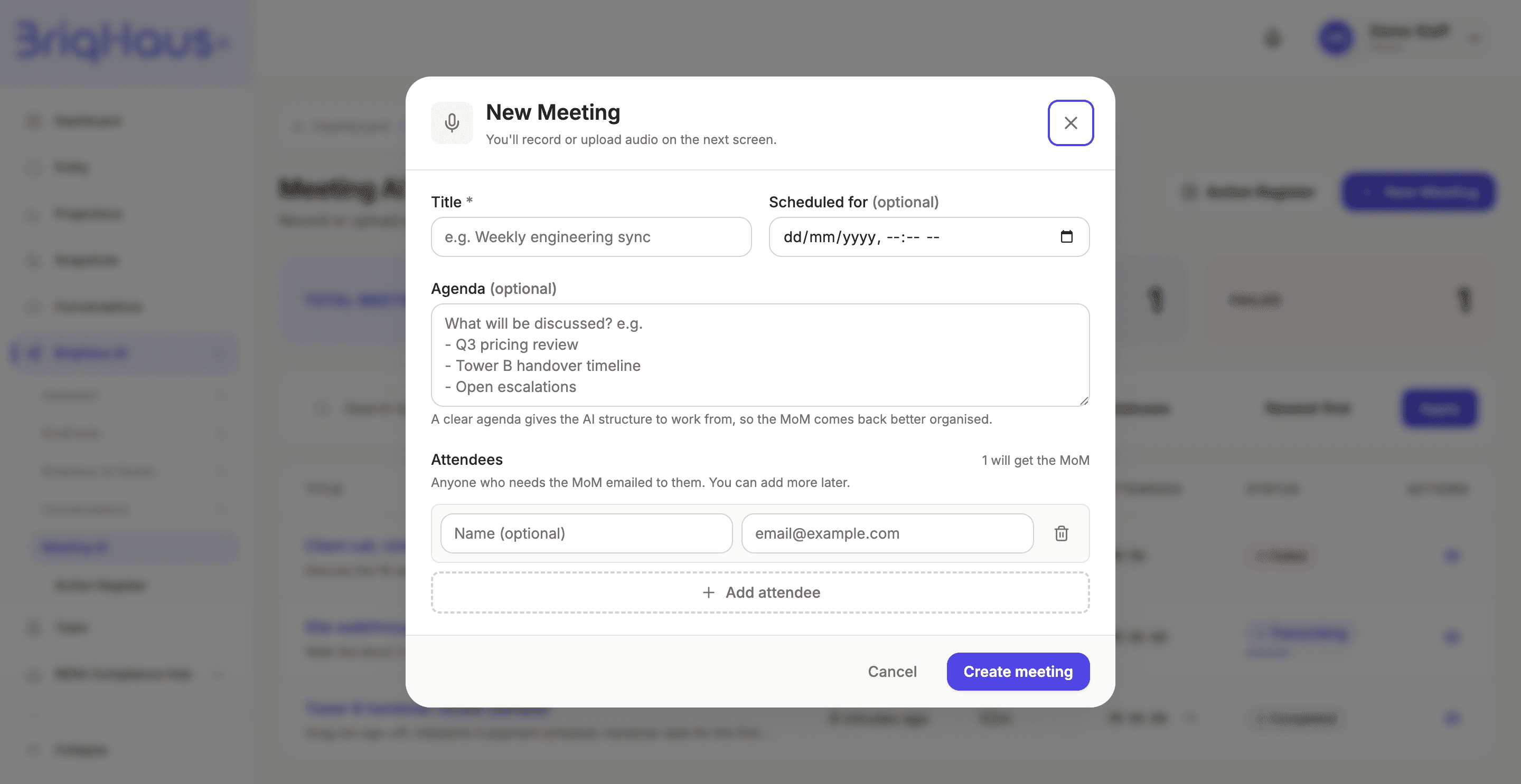 New meeting dialog: title, agenda, and the attendee list