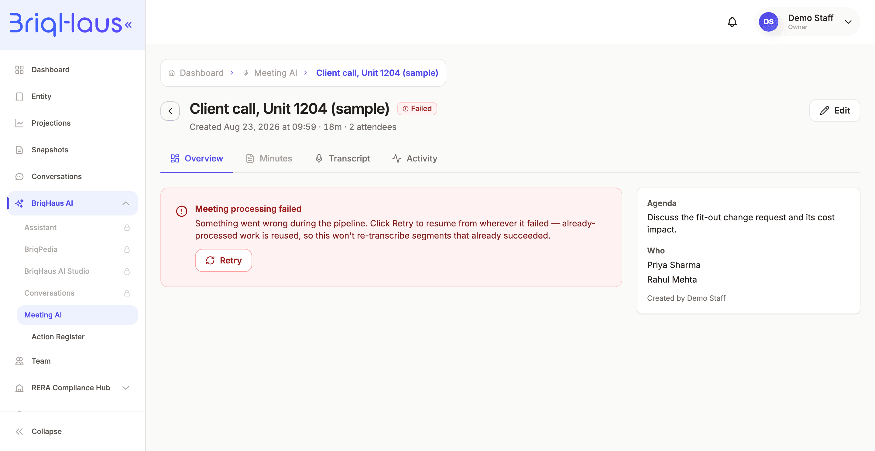 A meeting whose pipeline failed, with a retry available
