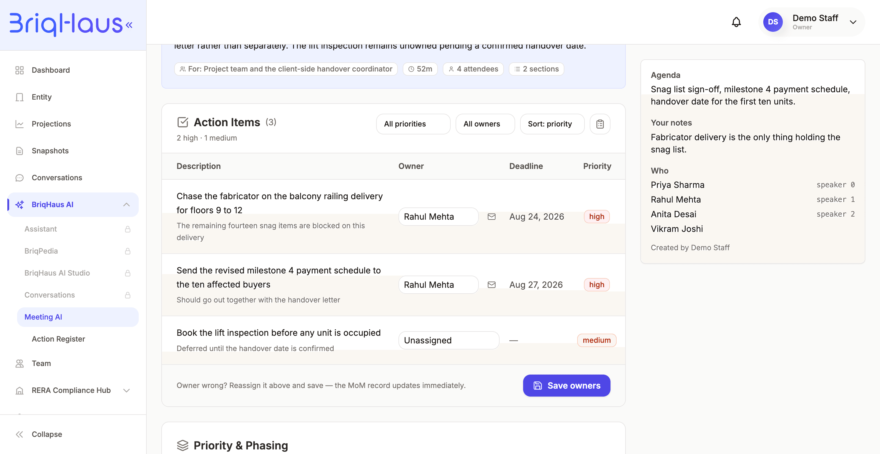 Action items with the model's guessed owners: Rahul Mehta twice and one unassigned