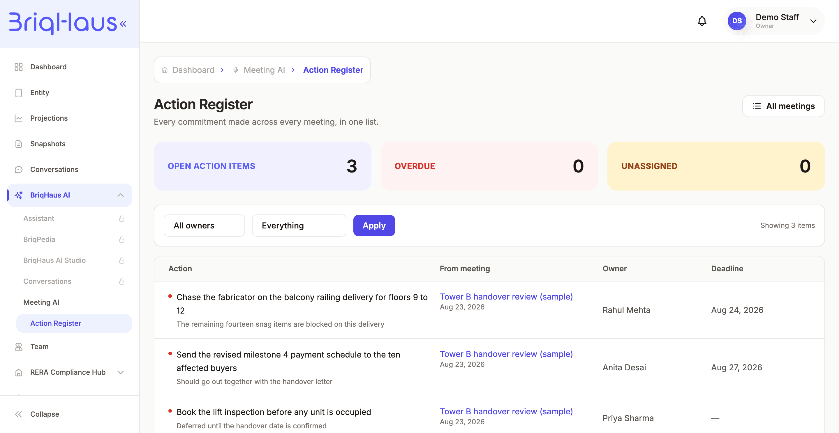 Action register listing every action item across all meetings with owner and deadline